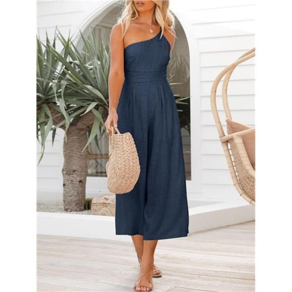 Women's Dark Blue One Shoulder High Waist Casual Wide‎ Leg Linen Jumpsuit Romper - Picture 4 of 7